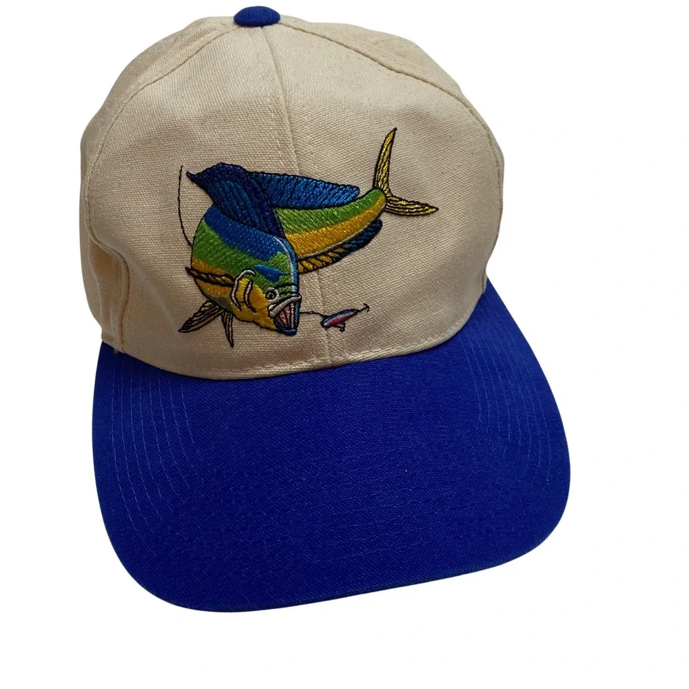 Vintage Mahi Mahi Dorado Fishing‎ Hat Blue Cream Embroidered Trucker Cap